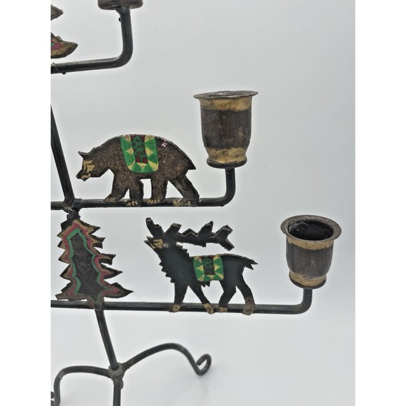 Vtg‎ Handpainted Rustic Cabin Folk Art 7 Taper Candelabra Wildlife Animals - Picture 5 of 9